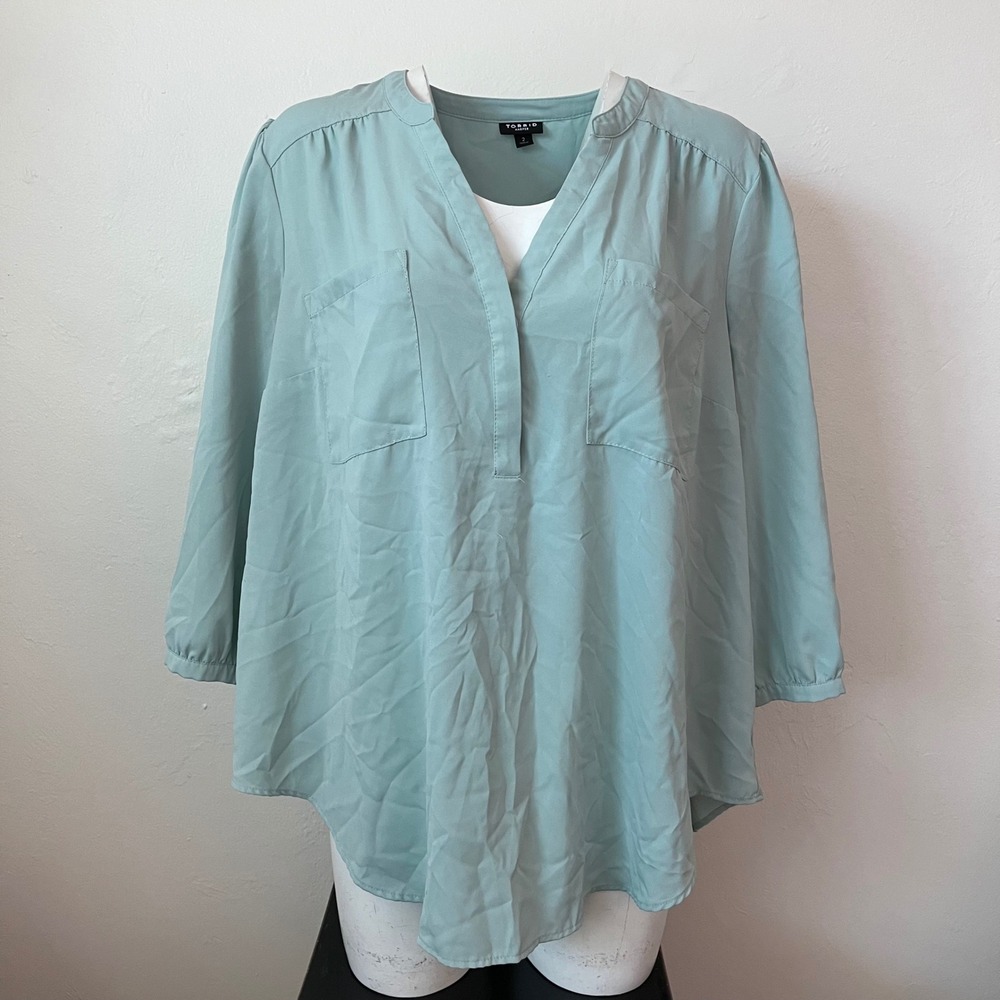 Torrid Harper Sage Green Georgette Pullover Blouse 3/4 Sleeve Size 2 Plus